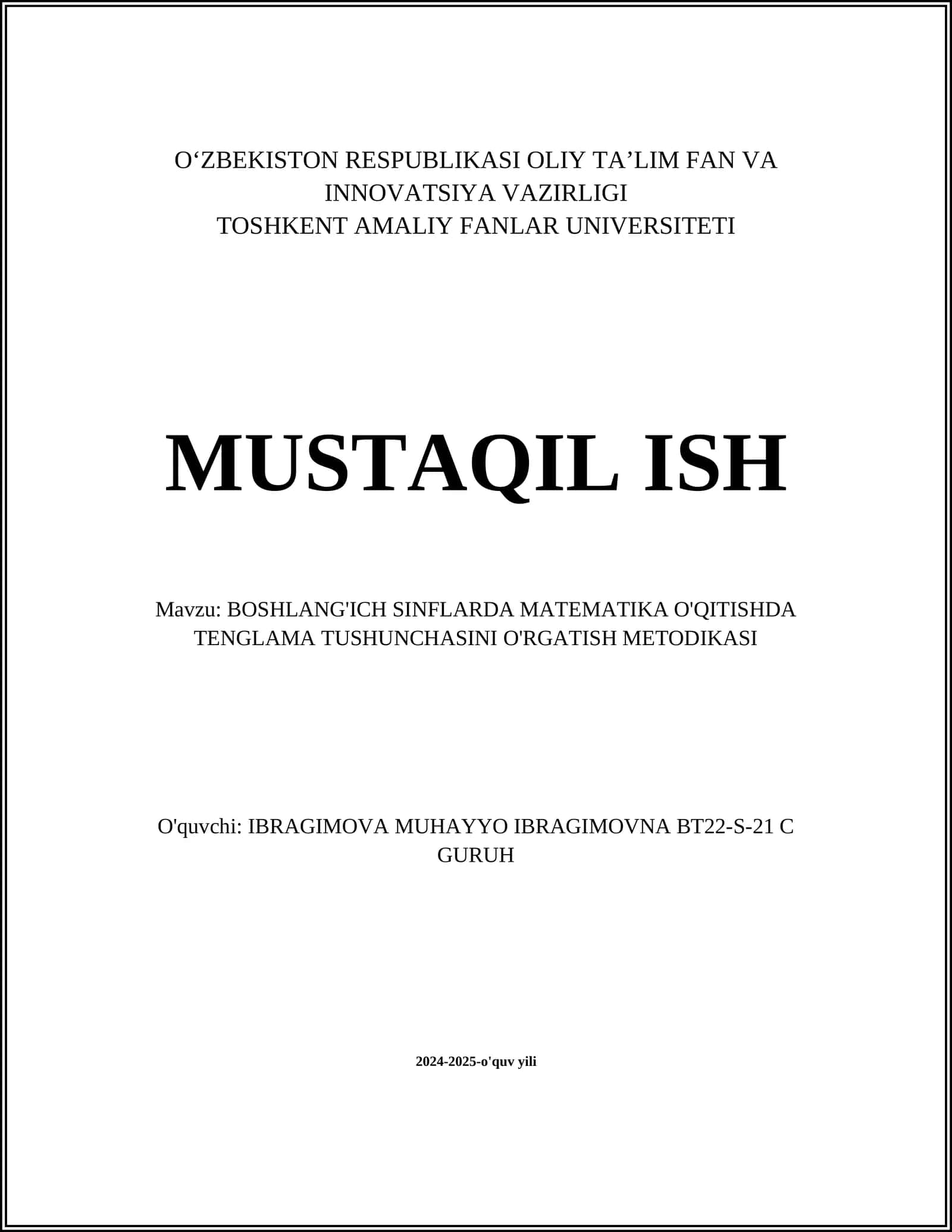 BOSHLANG'ICH SINFLARDA MATEMATIKA O'QITISHDA TENGLAMA TUSHUNCHASINI O'RGATISH METODIKASI 1