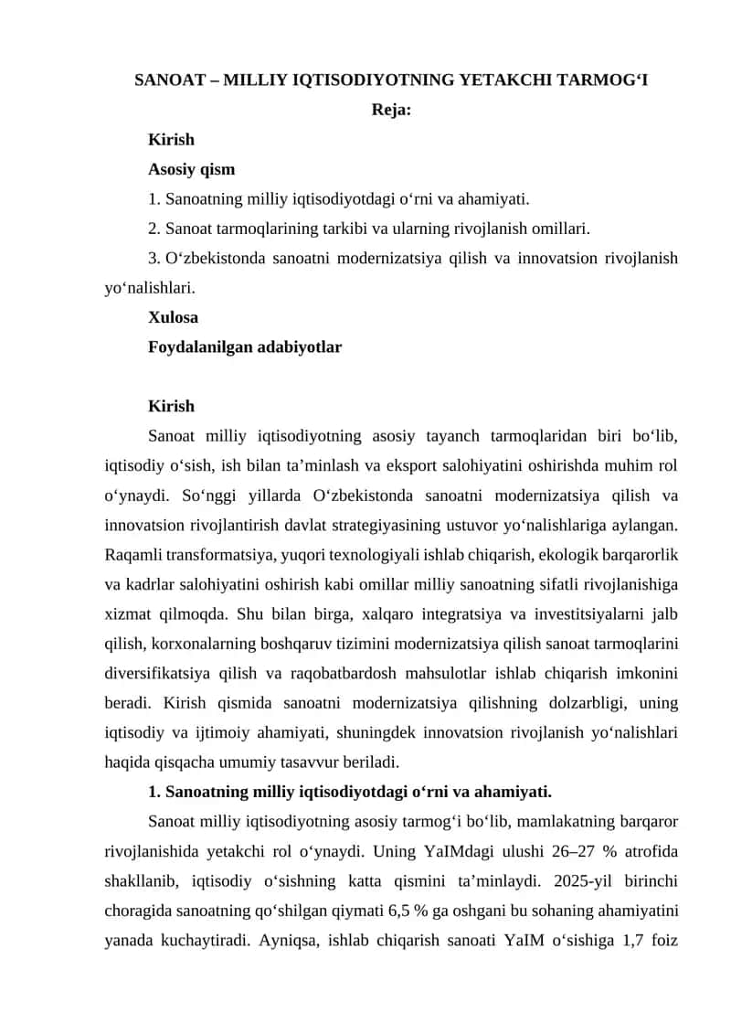 SANOAT - MILLIY IQTISODIYOTNING YETAKCHI TARMOG‘I 1