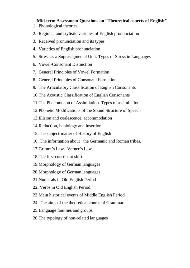 Mid-term Assessment Questions on "Theoretical aspects of English" 1