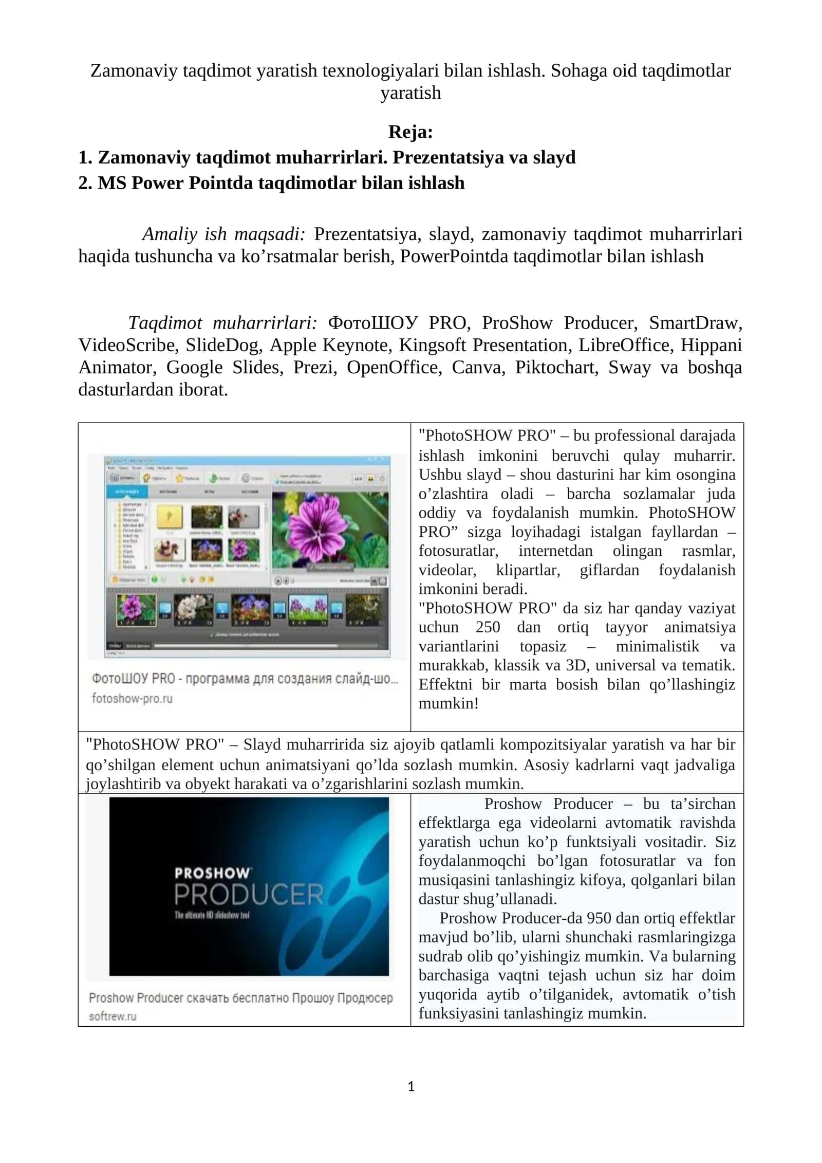 Zamonaviy taqdimot yaratish texnologiyalari bilan ishlash. Sohaga oid taqdimotlar yaratish 1