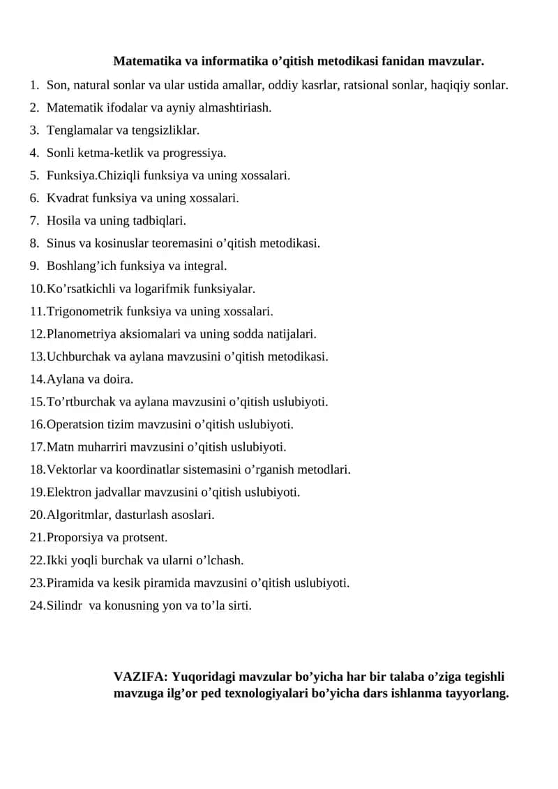Matematika va informatika o’qitish metodikasi fanidan mavzular 1