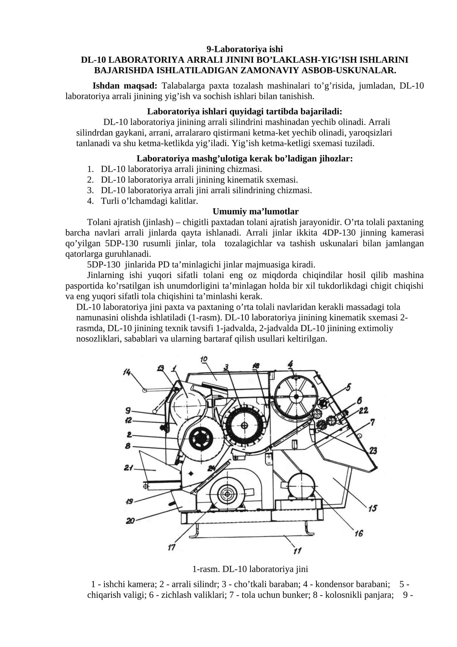 DL-10 LABORATORIYA ARRALI JININI BO’LAKLASH-YIG’ISH ISHLARINI BAJARISHDA ISHLATILADIGAN ZAMONAVIY ASBOB-USKUNALAR. 1