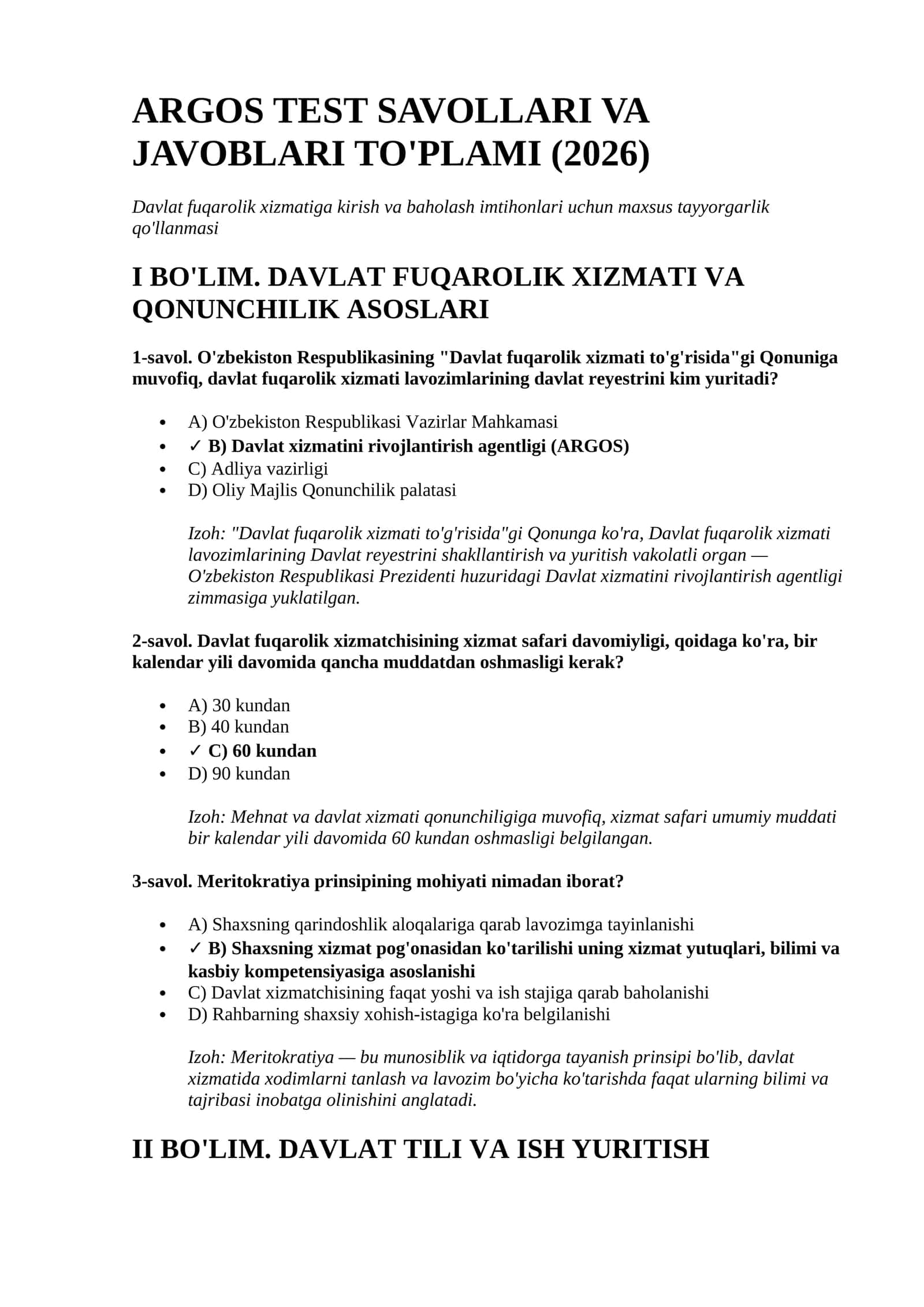 ARGOS test savollari va javoblari toʻplami (2026-yilgi yangilangan baza) 1
