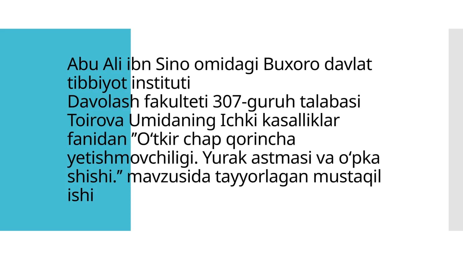 Umidaning Ichki kasalliklar fanidan 'Oʻtkir chap qorincha yetishmovchiligi. Yurak astmasi va oʻpka shishi' 1