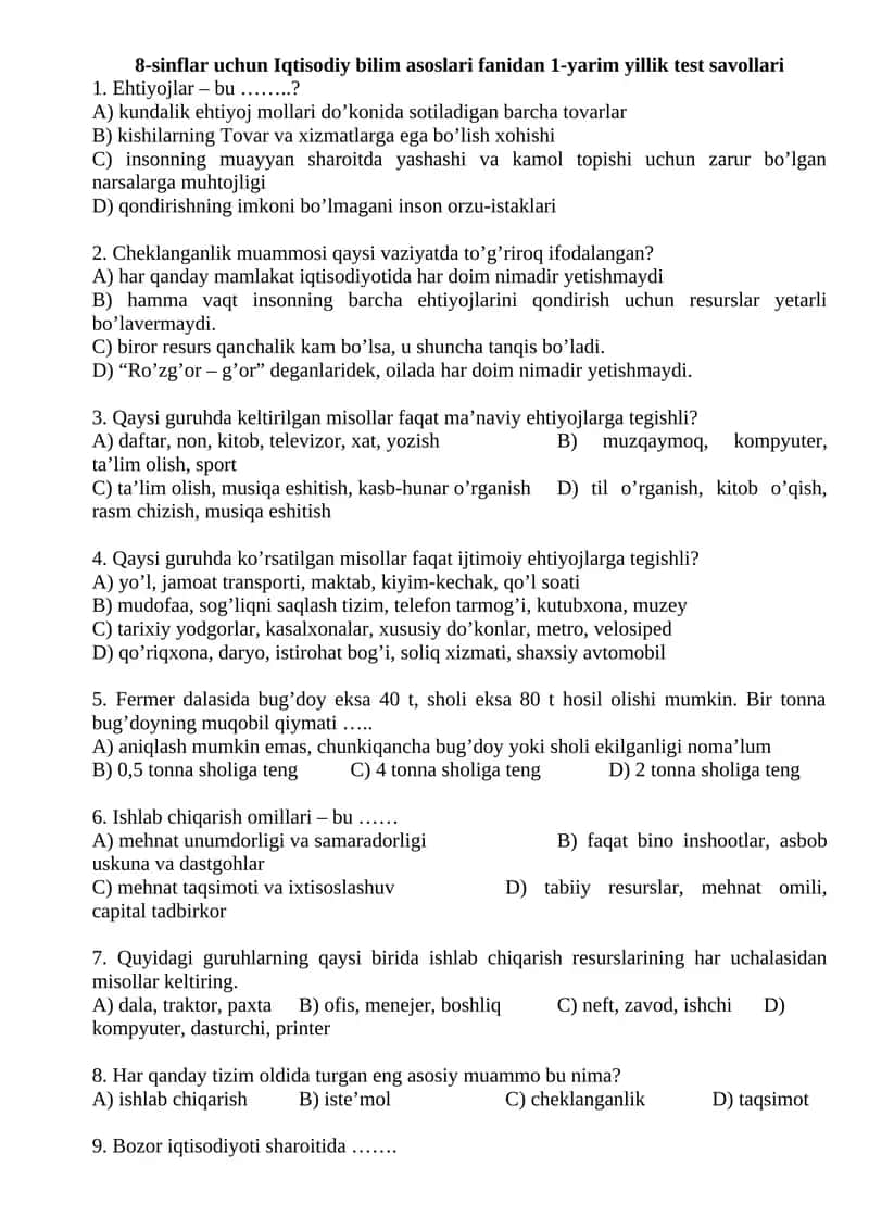 8-sinflar uchun Iqtisodiy bilim asoslari fanidan 1-yarim yillik test savollari 1
