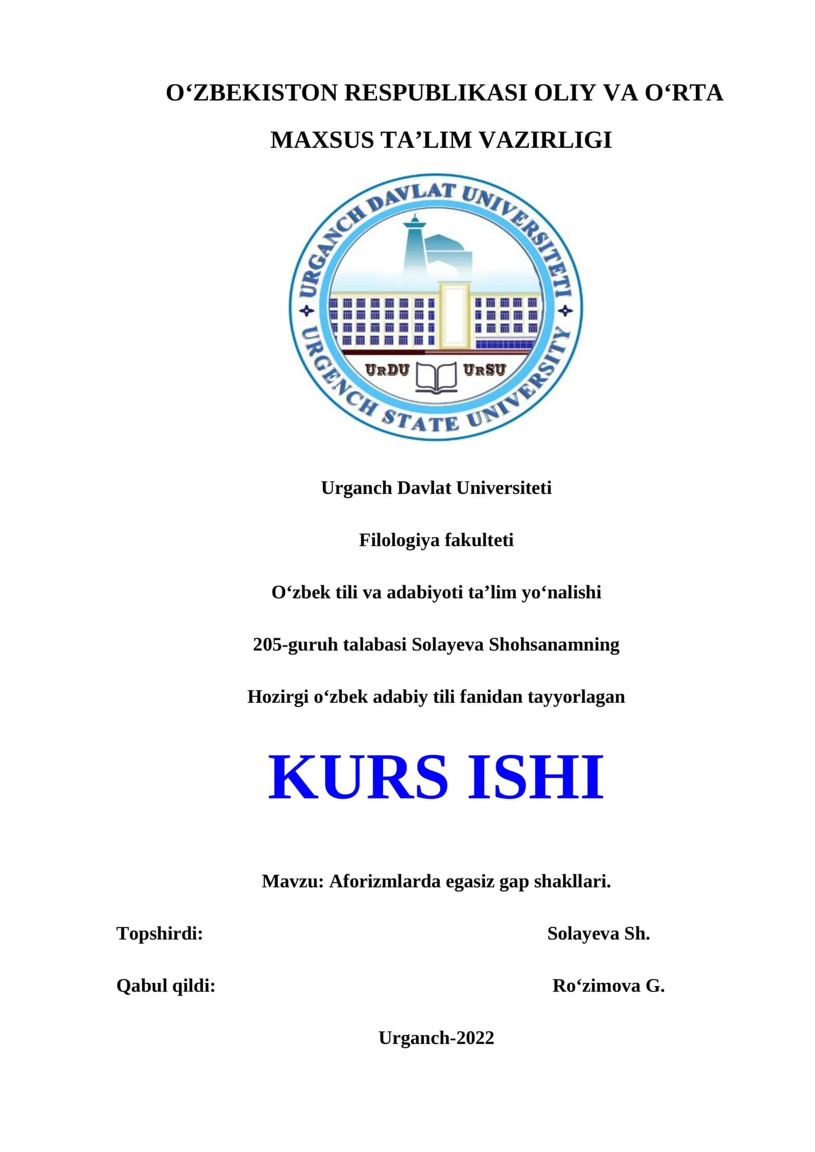 Aforizmlarda egasiz gap shakllari KURS ISHI 1