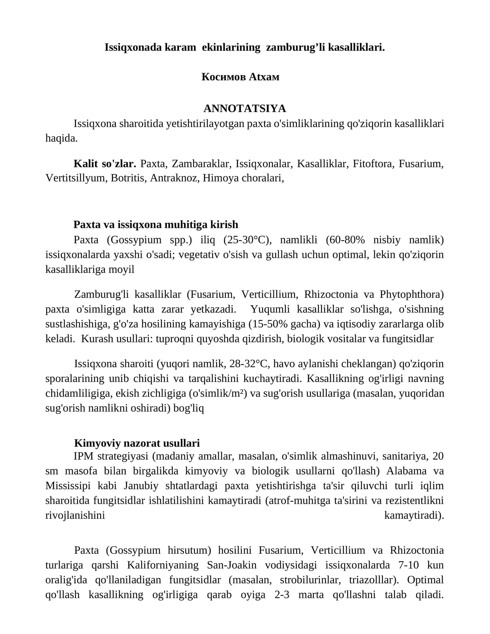 Issiqxonada karam ekinlarining zamburug’li kasalliklari 1