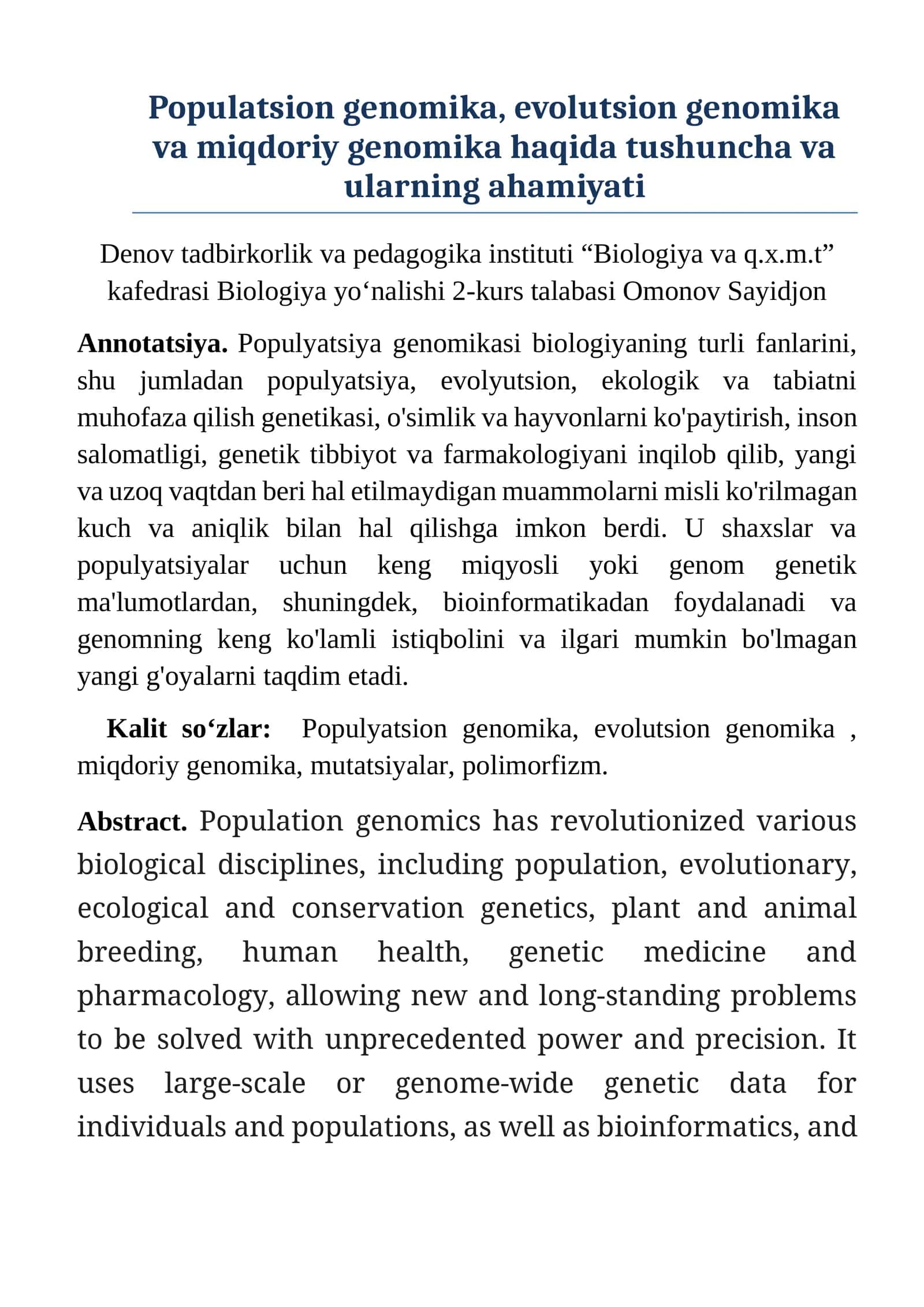 Populyatsiya genomikasi, evolyutsion genomikasi va miqdoriy genomika haqida tushuncha va ularning ahamiyati 1
