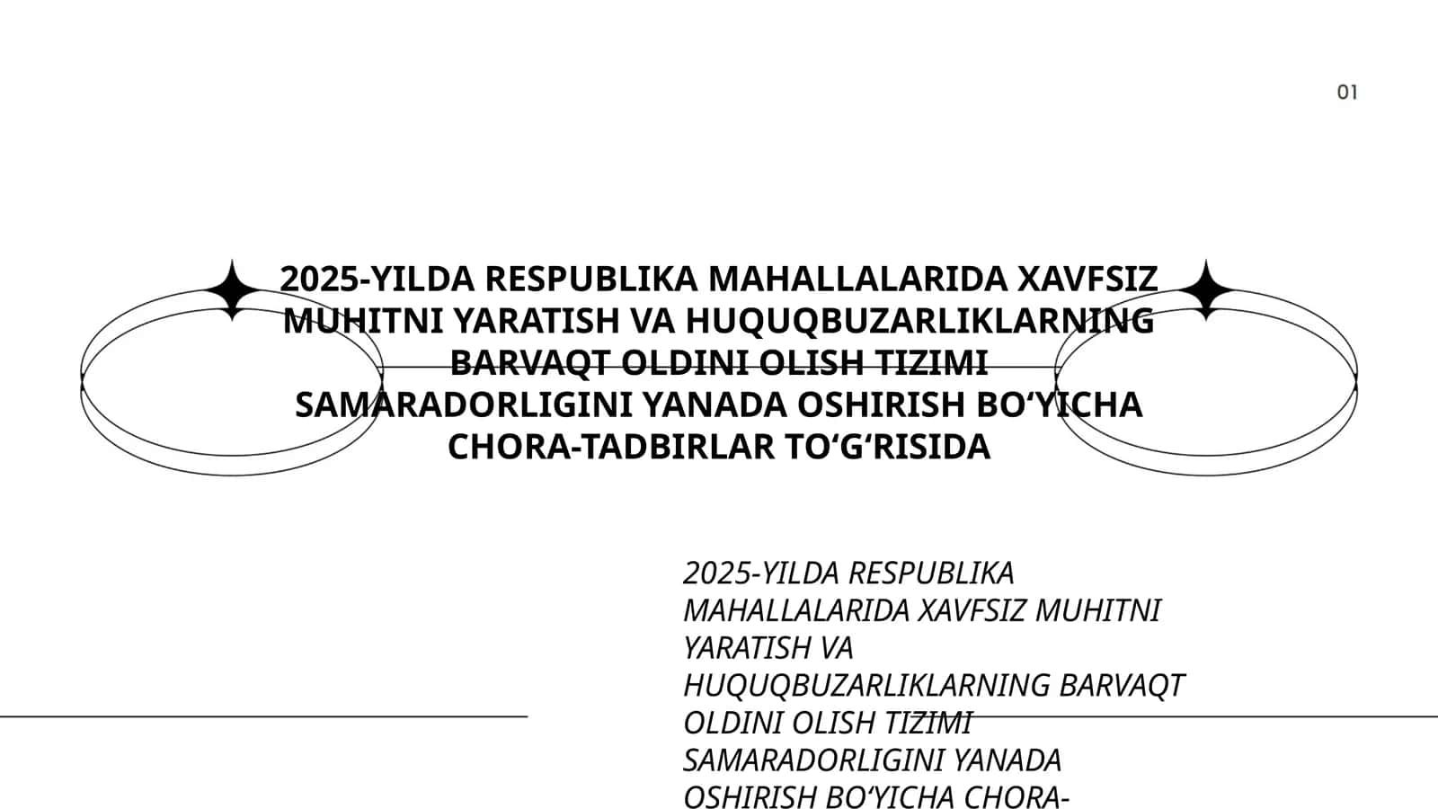2025-YILDA RESPUBLIKA MAHALLALARIDA XAVFSIZ MUHITNI YARATISH VA HUQUQBUZARLIKLARNING BARVAQT OLDINI OLISH TIZIMI SAMARADORLIGINI YANADA OSHIRISH BO‘YICHA CHORA-TADBIRLAR TO‘G‘RISIDA 1