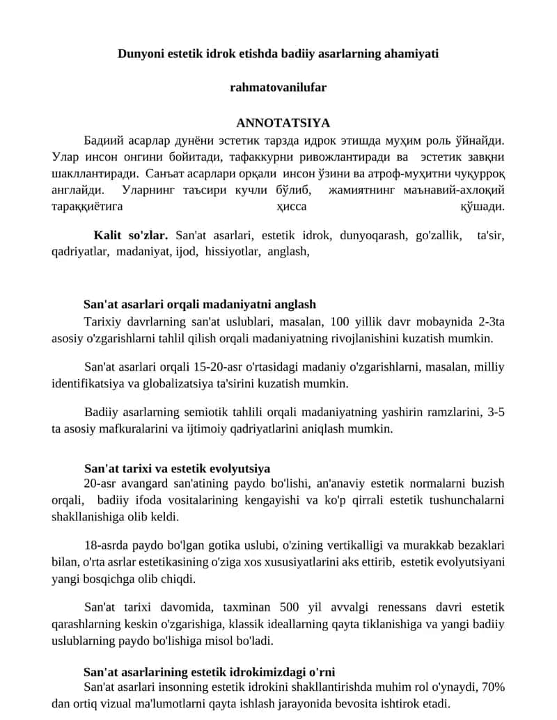 Dunyoni estetik idrok etishda badiiy asarlarning ahamiyati 1