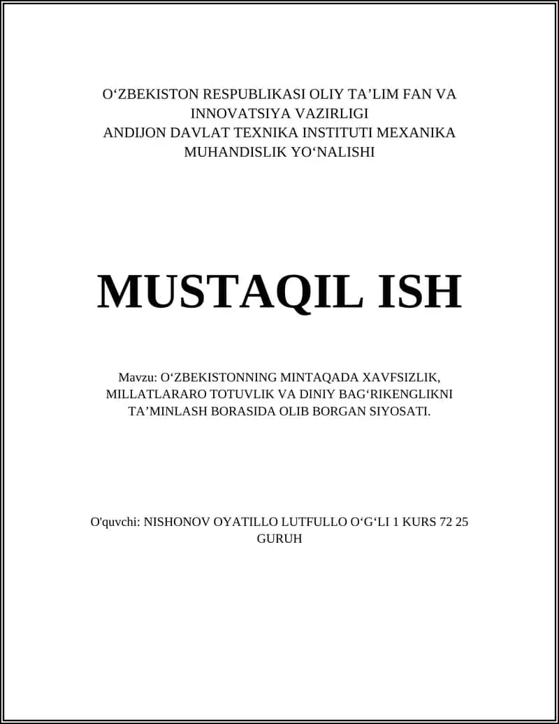 O‘ZBEKISTONNING MINTAQADA XAVFSIZLIK, MILLATLARARO TOTUVLIK VA DINIY BAG‘RIKENGLIKNI TA’MINLASH BORASIDA OLIB BORGAN SIYOSATI 1