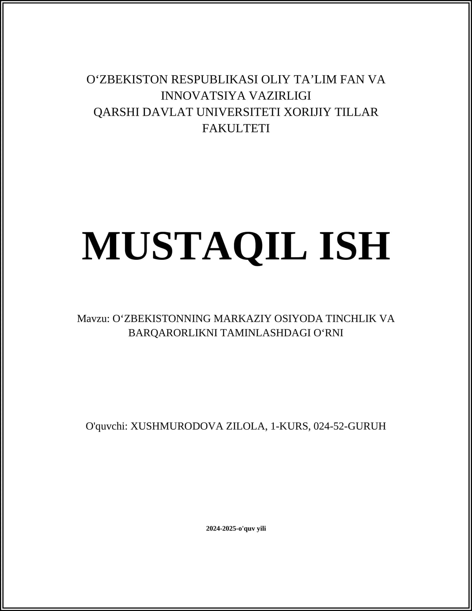 O‘zbekistonning Markaziy Osiyoda Tinchlik va Barqarorlikni Taminlashdagi O‘rni 1