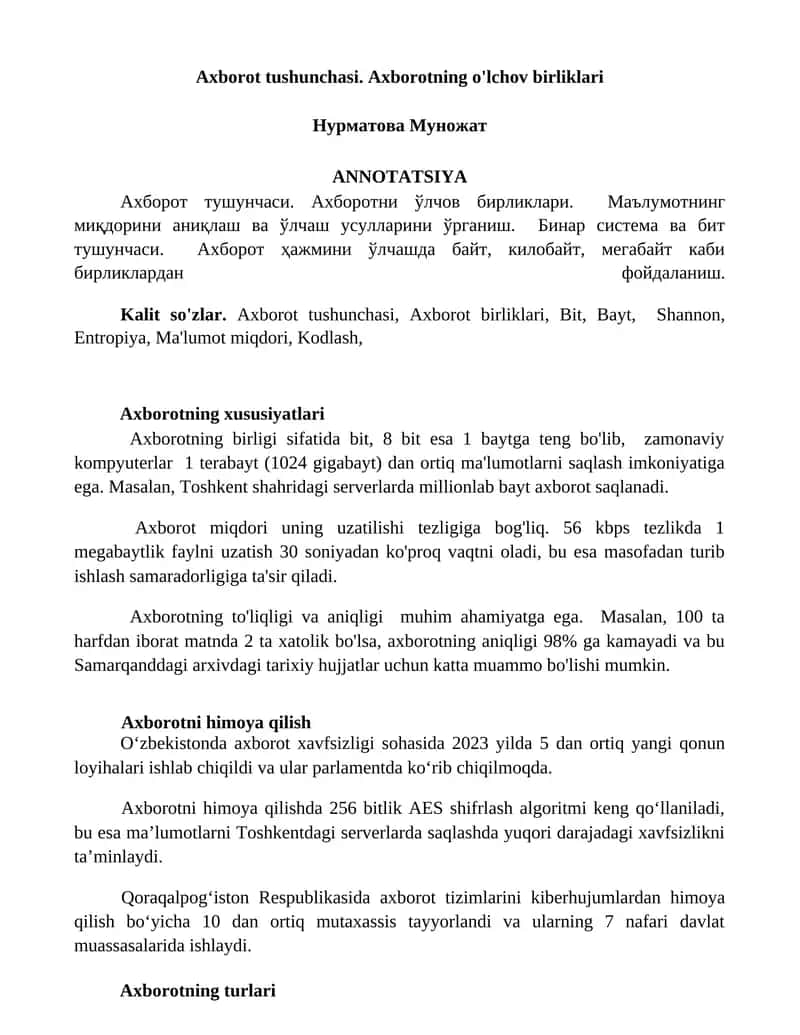 Axborot tushunchasi. Axborotning o'lchov birliklari 1