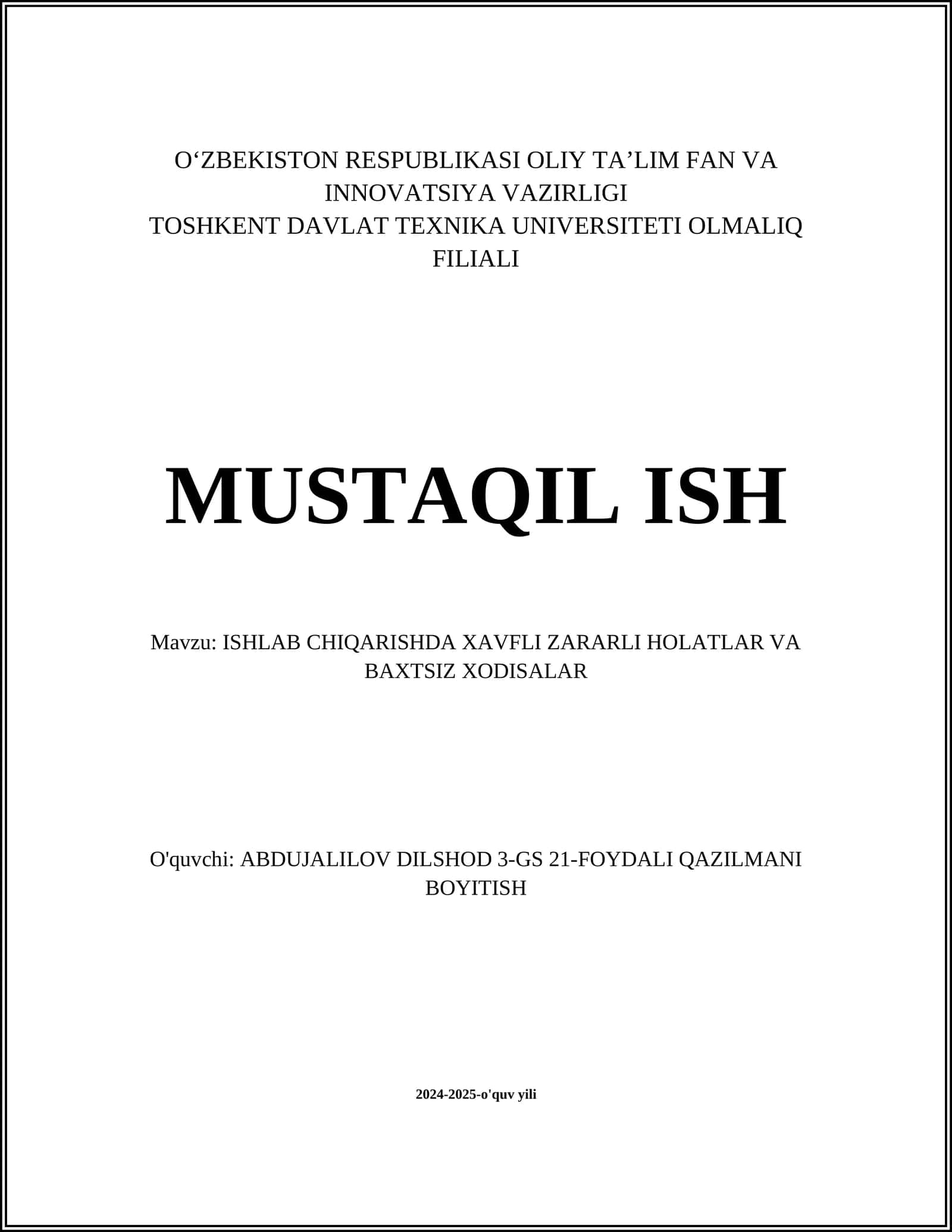 ISHLAB CHIQARISHDA XAVFLI ZARARLI HOLATLAR VA BAXTSIZ XODISALAR 1
