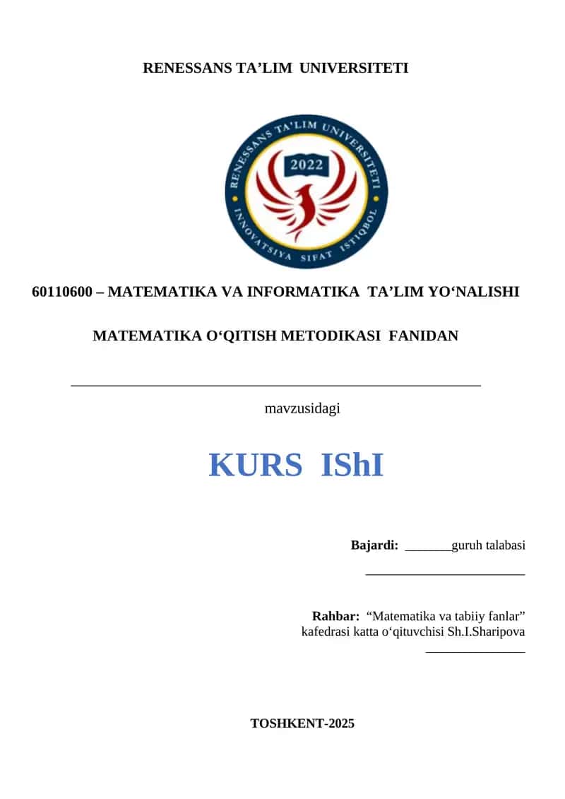 MATEMATIKA O‘QITISH METODIKASI FANIDAN 1