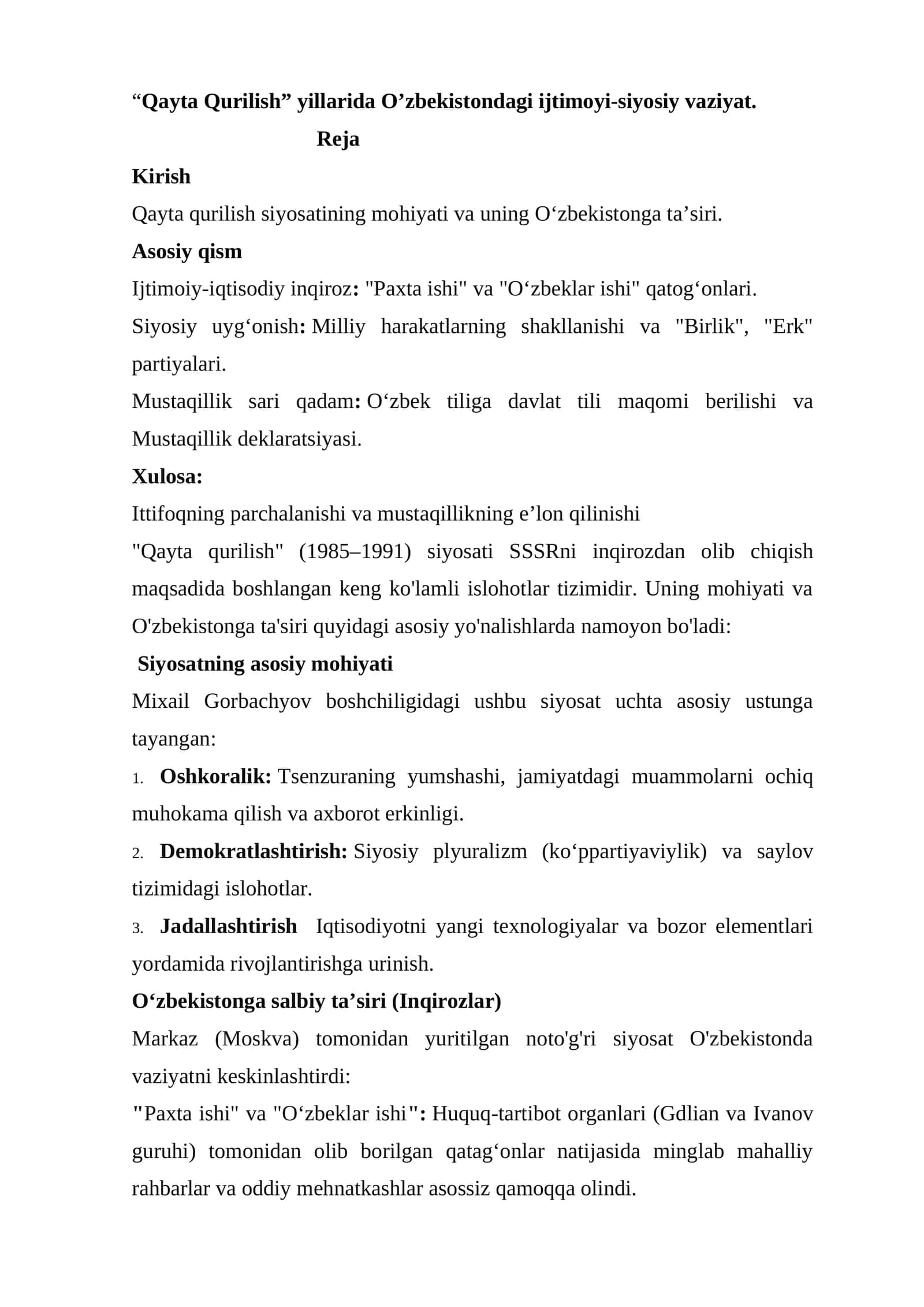 “Qayta Qurilish” yillarida O’zbekistondagi ijtimoyi-siyosiy vaziyat. 1