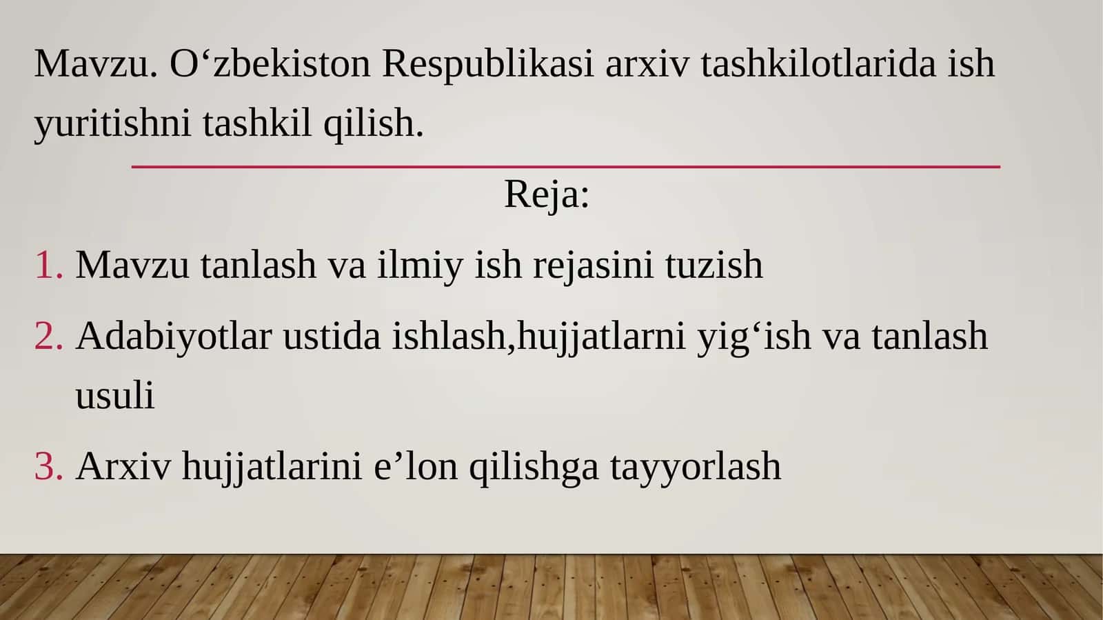 Oʻzbekiston Respublikasi arxiv tashkilotlarida ish yuritishni tashkil qilish. 1