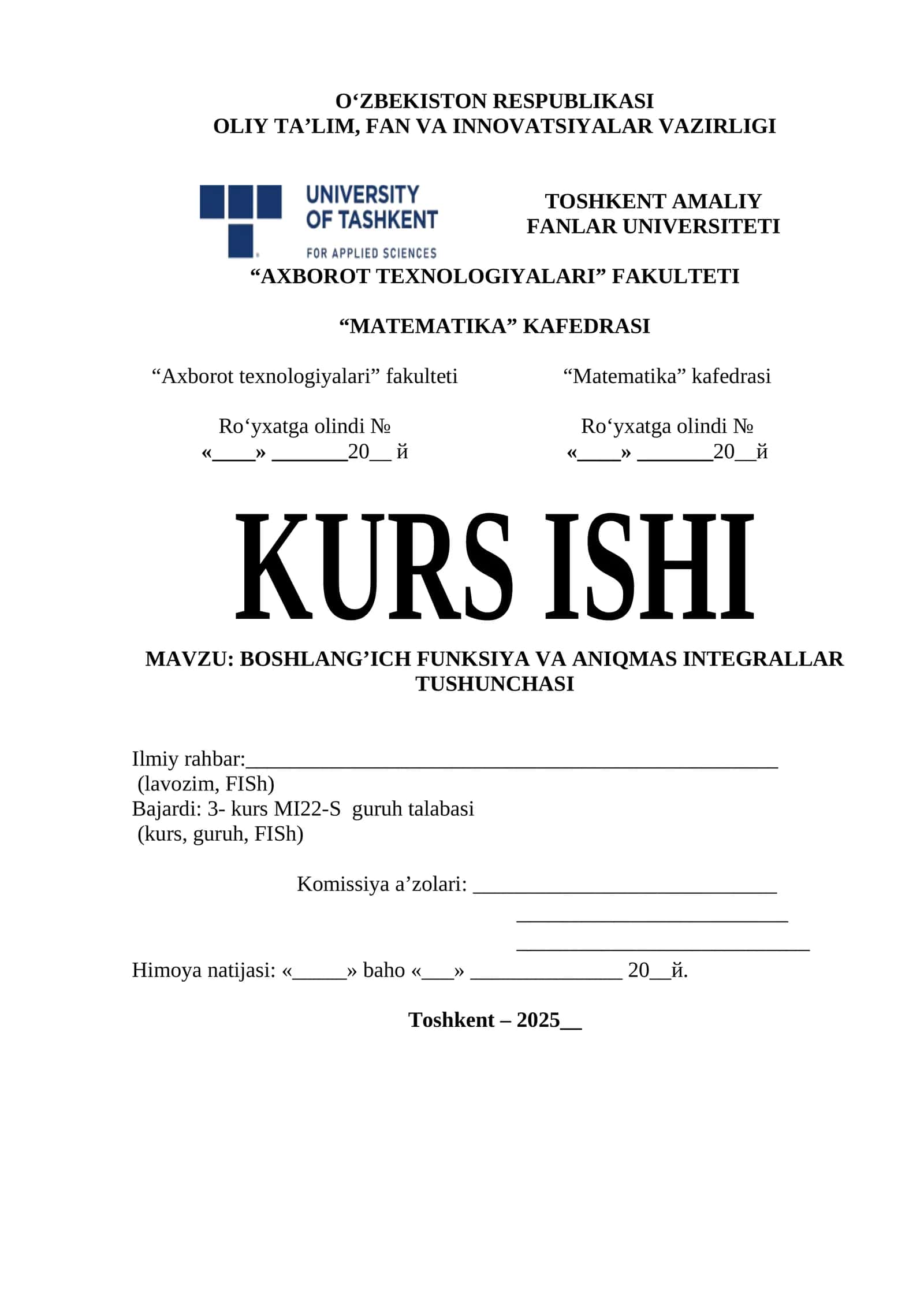 Boshlang’ich funksiya va aniqmas integrallar tushunchasi 1