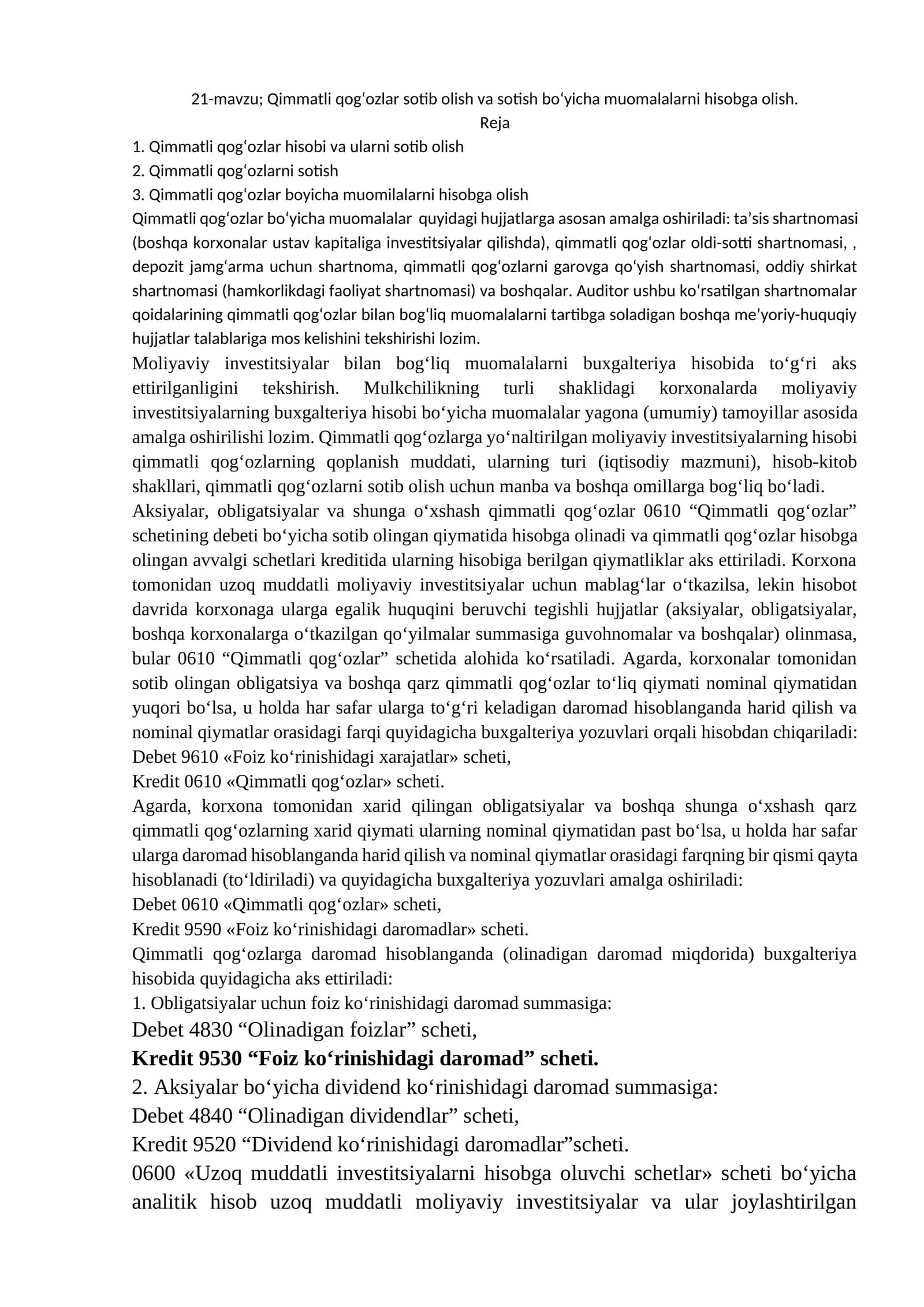 Qimmatli qog‘ozlar sotib olish va sotish bo‘yicha muomalalarni hisobga olish 1