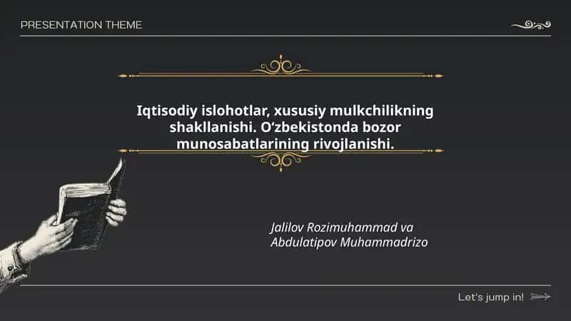 Iqtisodiy islohotlar, xususiy mulkchilikning shakllanishi. O‘zbekistonda bozor munosabatlarining rivojlanishi. 1