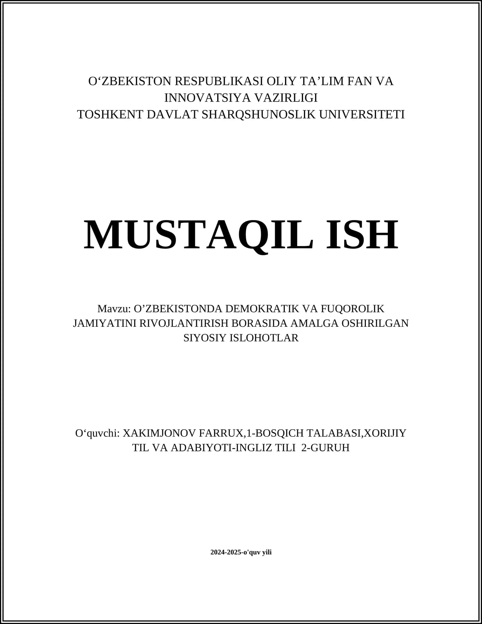 O‘ZBEKISTONDA DEMOKRATIK VA FUQOROLIK JAMIYATINI RIVOJLANTIRISH BORASIDA AMALGA OSHIRILGAN SIYOSIY ISLOHOTLAR 1
