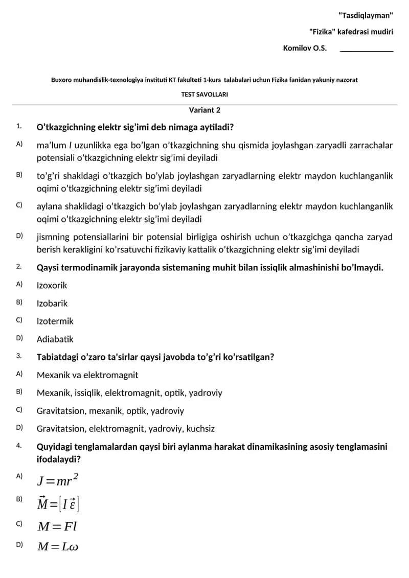 Buxoro muhandislik-texnologiya instituti KT fakulteti 1-kurs talabalari uchun Fizika fanidan yakuniy nazorat TEST SAVOLLARI 1