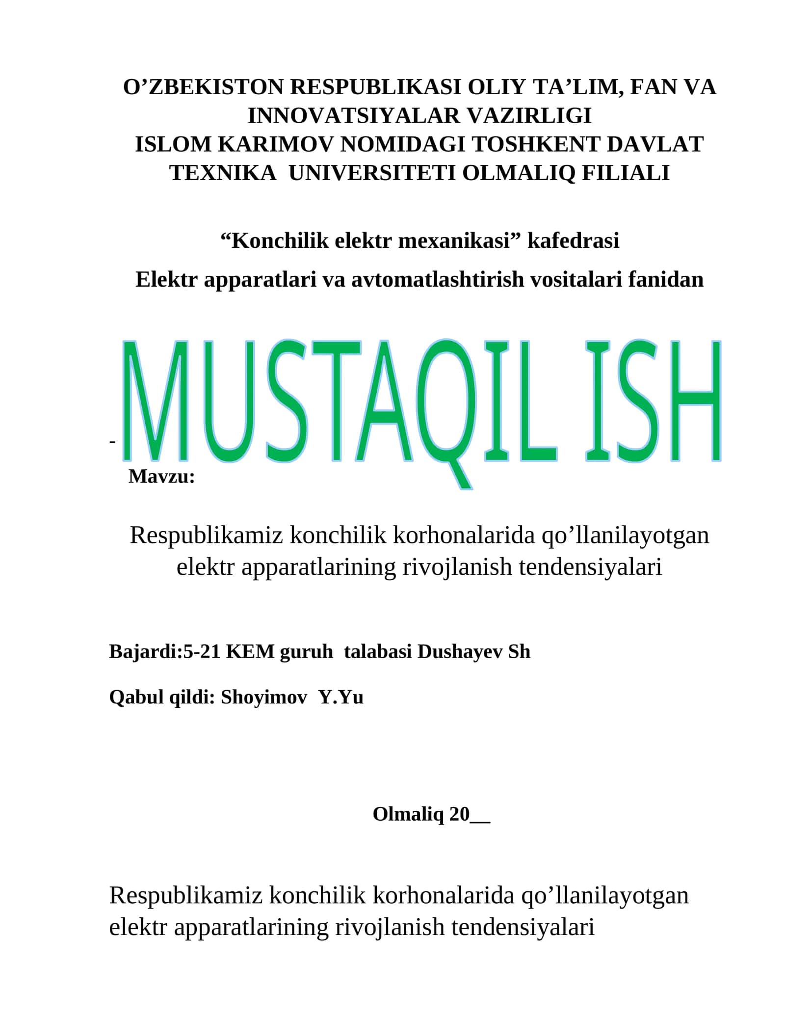Respublikamiz konchilik korhonalarida qo’llanilayotgan elektr apparatlarining rivojlanish tendensiyalari 1