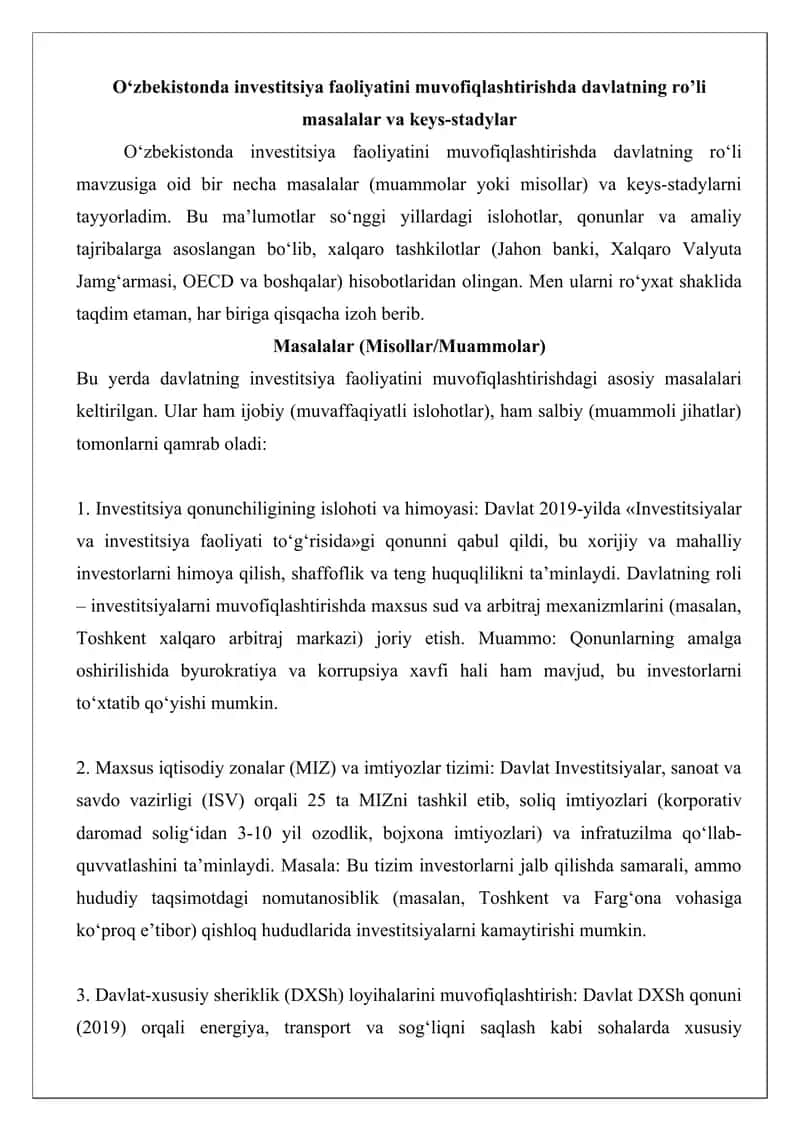 Investitsiya faoliyatini muvofiqlashtirishda davlatning ro‘li 1
