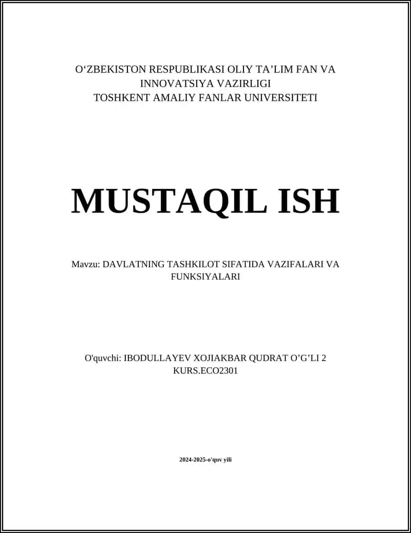 Davlatning Tashkilot Sifatida Vazifalari va Funksiyalari 1