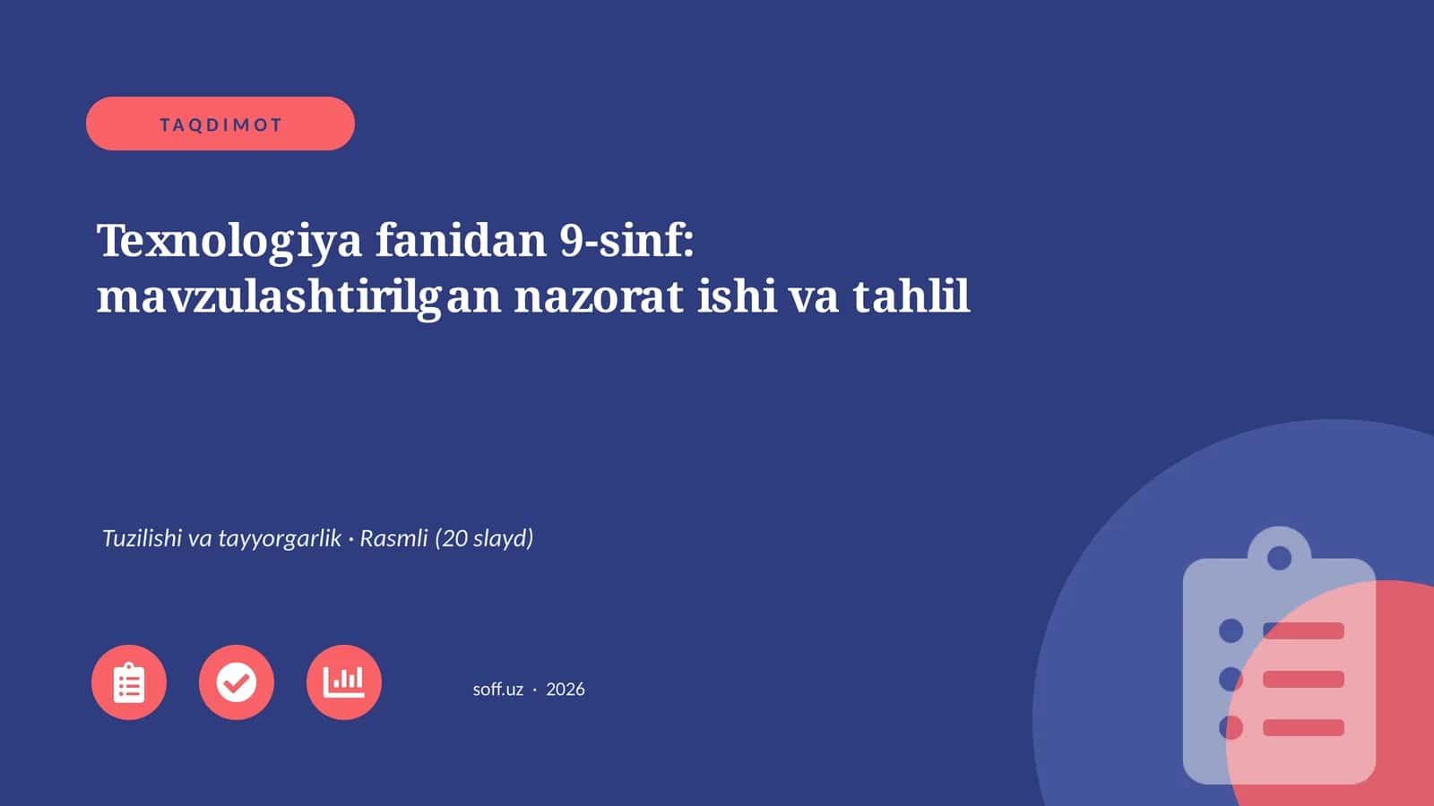 Texnologiya fanidan 9-sinf: mavzulashtirilgan nazorat ishi va tahlil 1