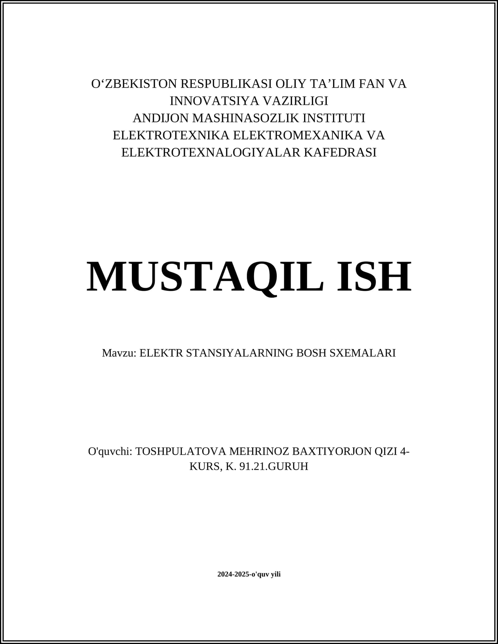 ELEKTR STANSIYALARNING BOSH SXEMALARI 1