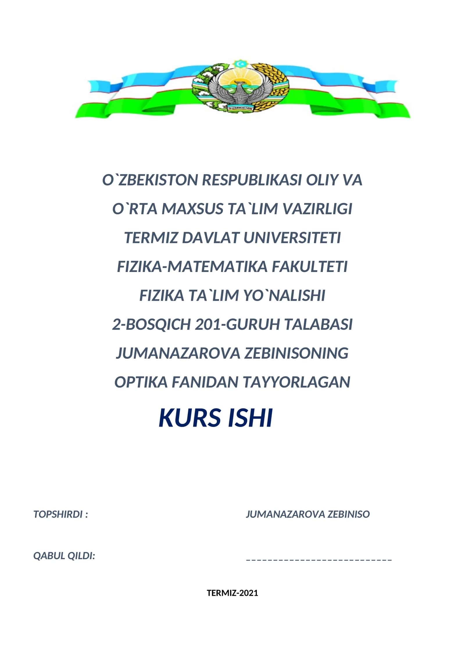 Optika fanidan tayyorlagan kurs ishi 1