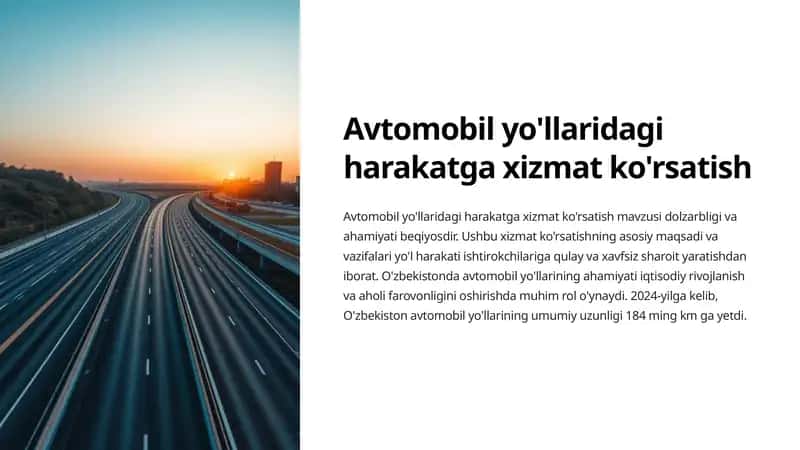 Avtomobil yo'llaridagi harakatga xizmat ko'rsatish 1