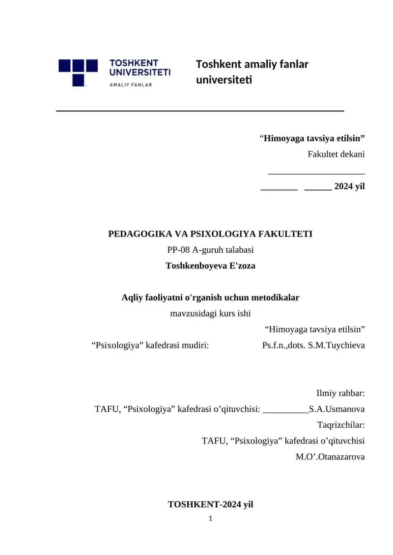 Aqliy faoliyatni o'rganish uchun metodikalar 1