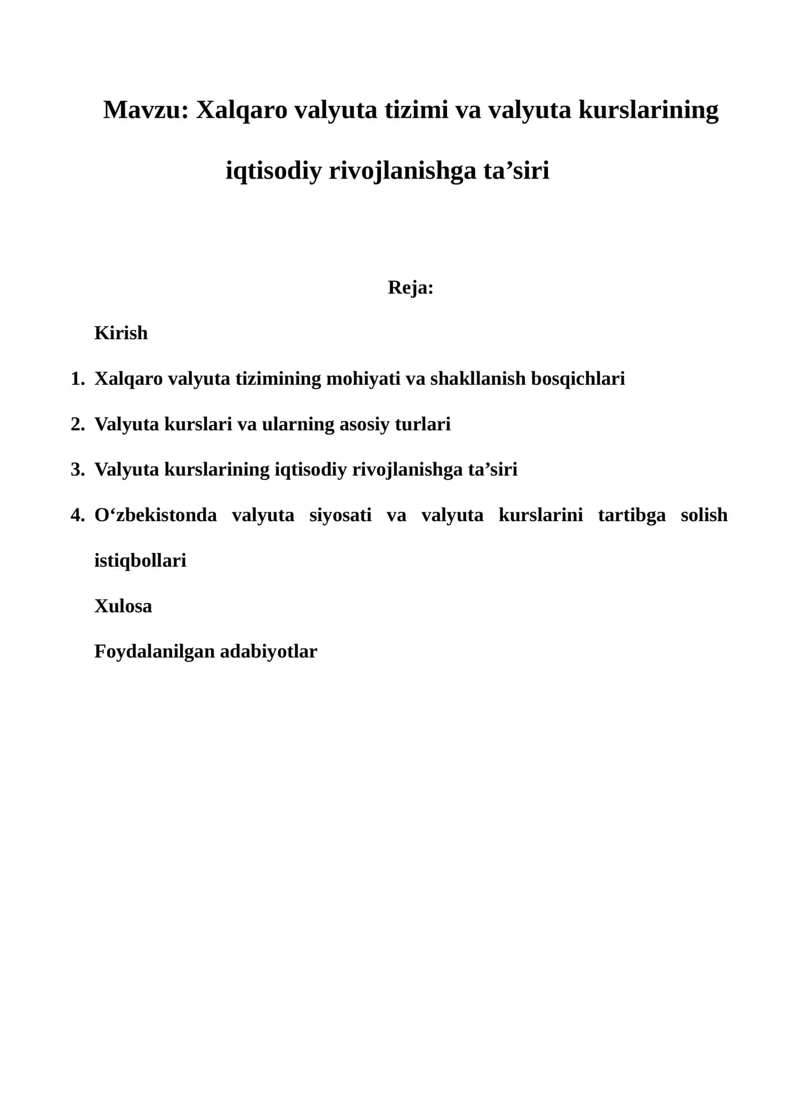 Xalqaro valyuta tizimi va valyuta kurslarining iqtisodiy rivojlanishga ta’siri 1