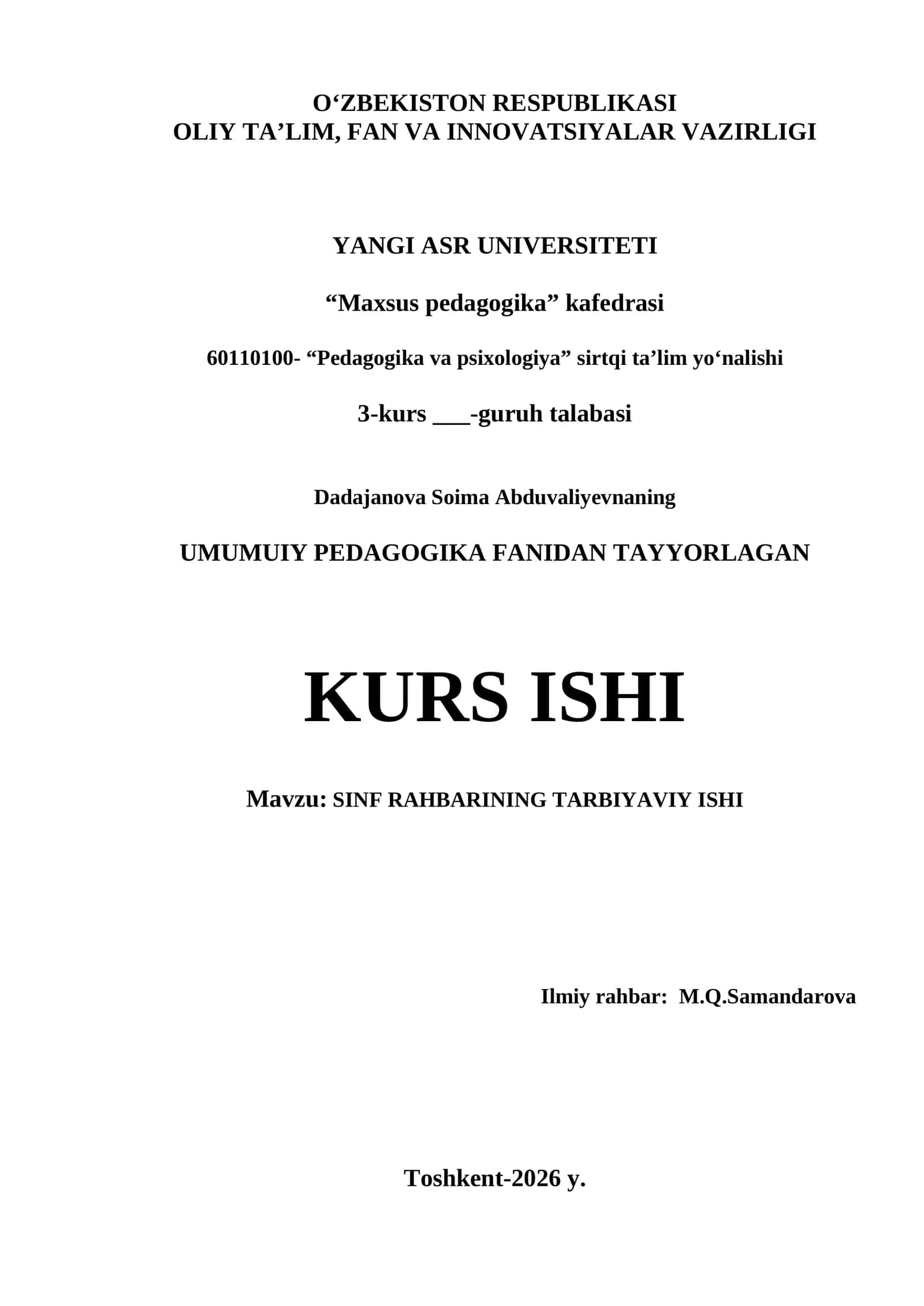 KURS ISHI Mavzu: SINF RAHBARINING TARBIYAVIY ISHI 1