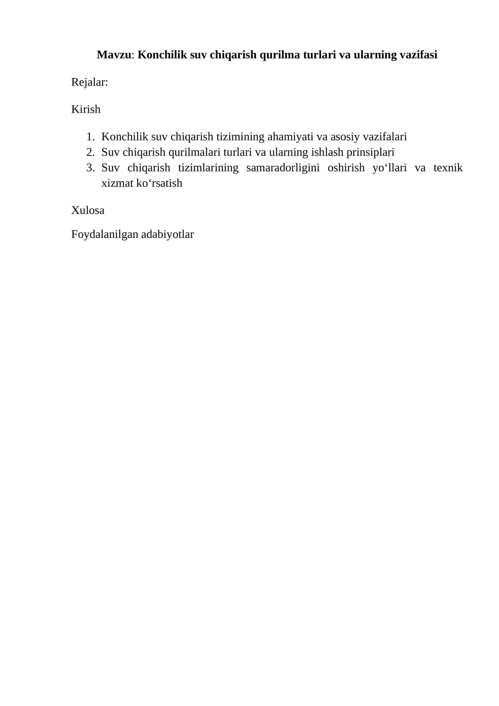 Konchilik suv chiqarish qurilma turlari va ularning vazifasi 1