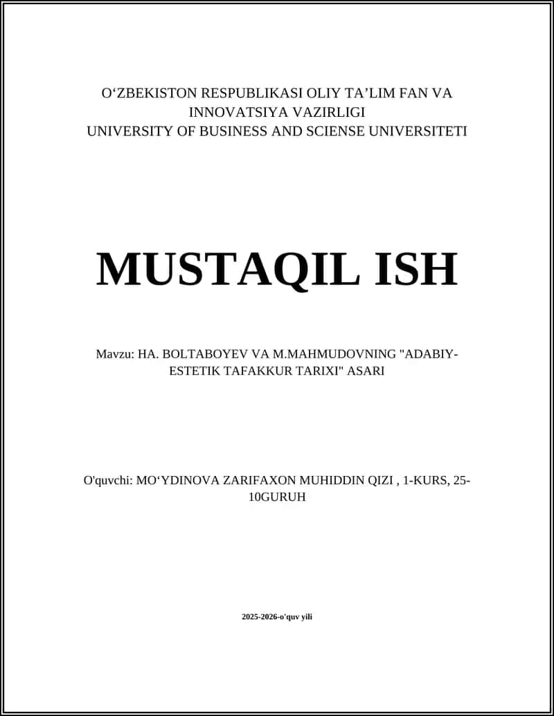 "Ha. Boltaboyev va M.Mahmudovning Adabiy-estetik Tafakkur Tarixi" Asari 1