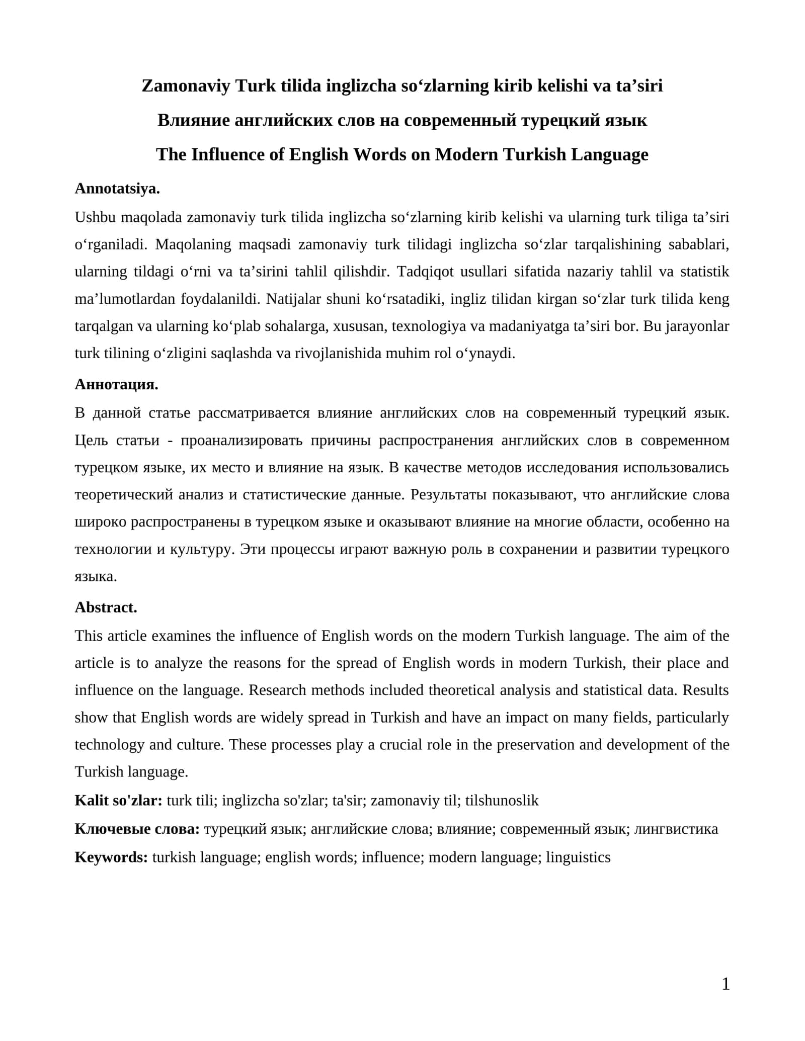 Zamonaviy Turk tilida inglizcha so‘zlarning kirib kelishi va ta’siri 1