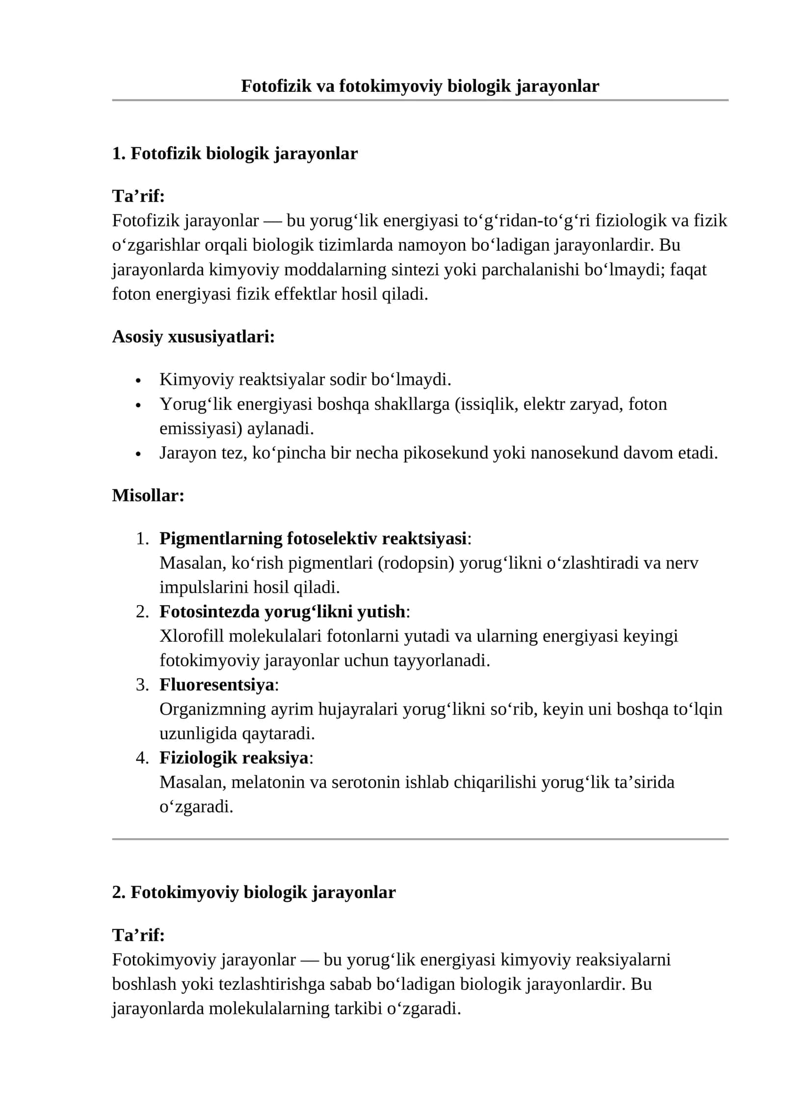 Fotofizik va fotokimyoviy biologik jarayonlar 1