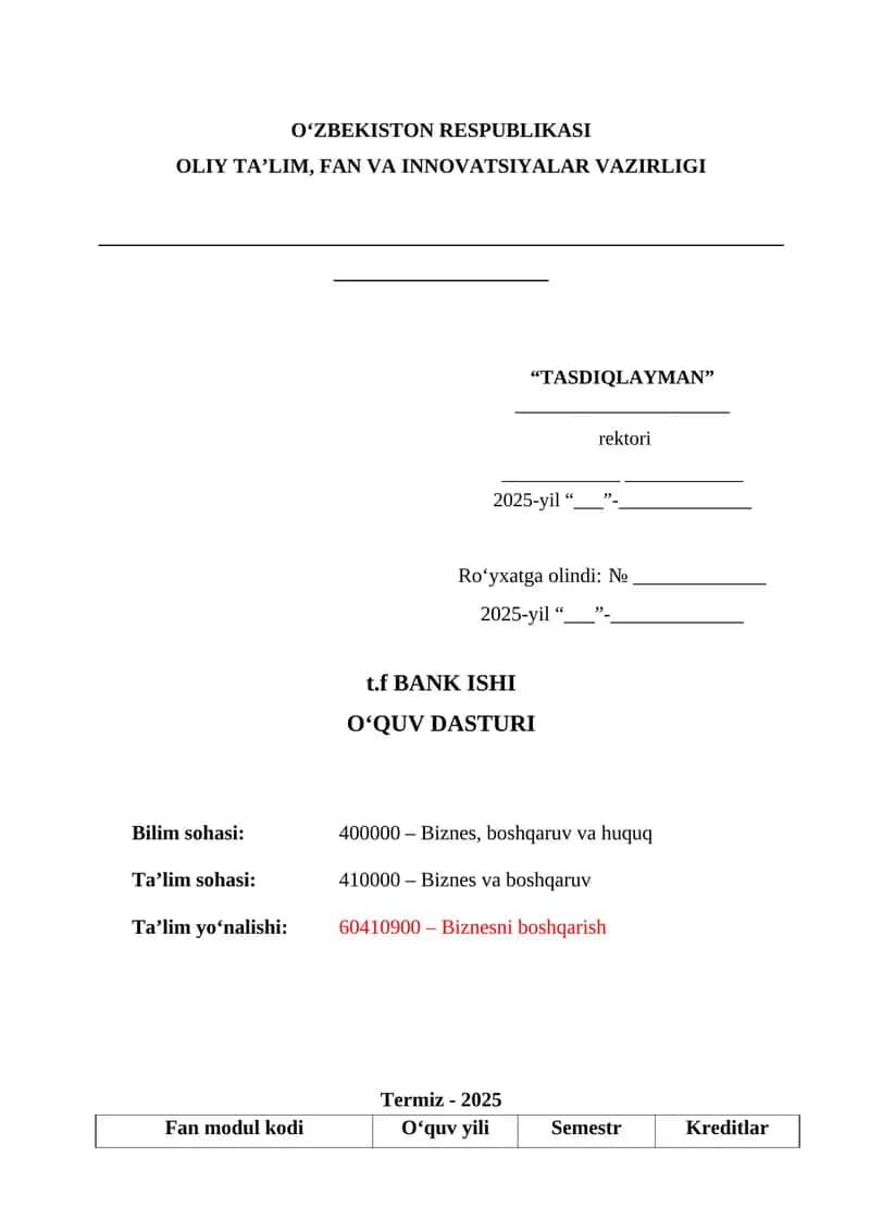 Bank Ishi O‘quv Dasturi QS Top - 300 reytingdagi 1
