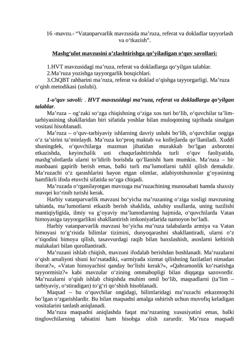 Harbiy Vatanparvarlik mavzusida ma’ruzalar 1