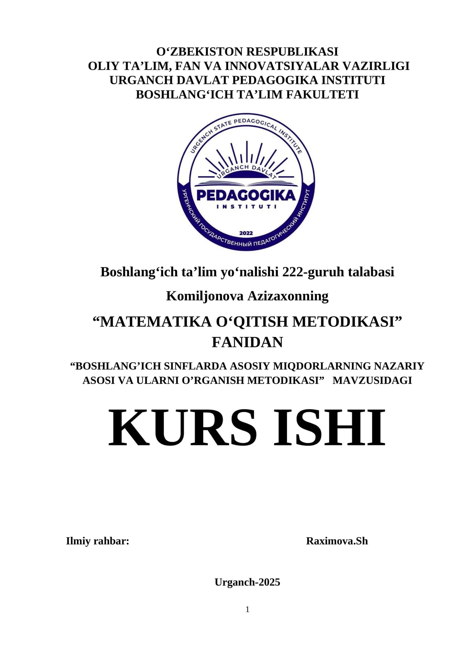 BOSHLANG’ICH SINFLARDA ASOSIY MIQDORLARNING NAZARIY ASOSI VA ULARNI O’RGANISH METODIKASI 1