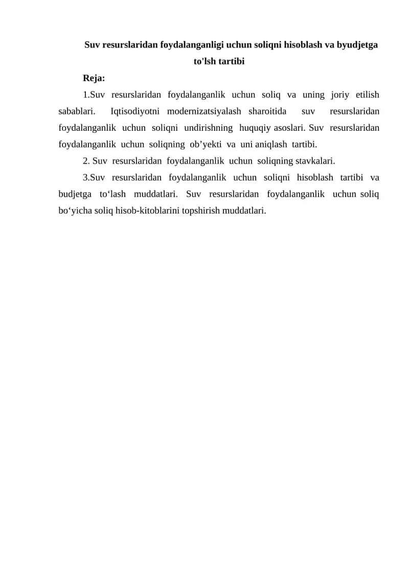 Suv resurslaridan foydalanganlik uchun soliq va uning joriy etilish sabablari 1