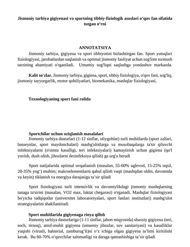 Jismoniy tarbiya gigiyenasi va sportning tibbiy-fiziologik asoslari o‘quv fan sifatida tutgan o‘rni 1