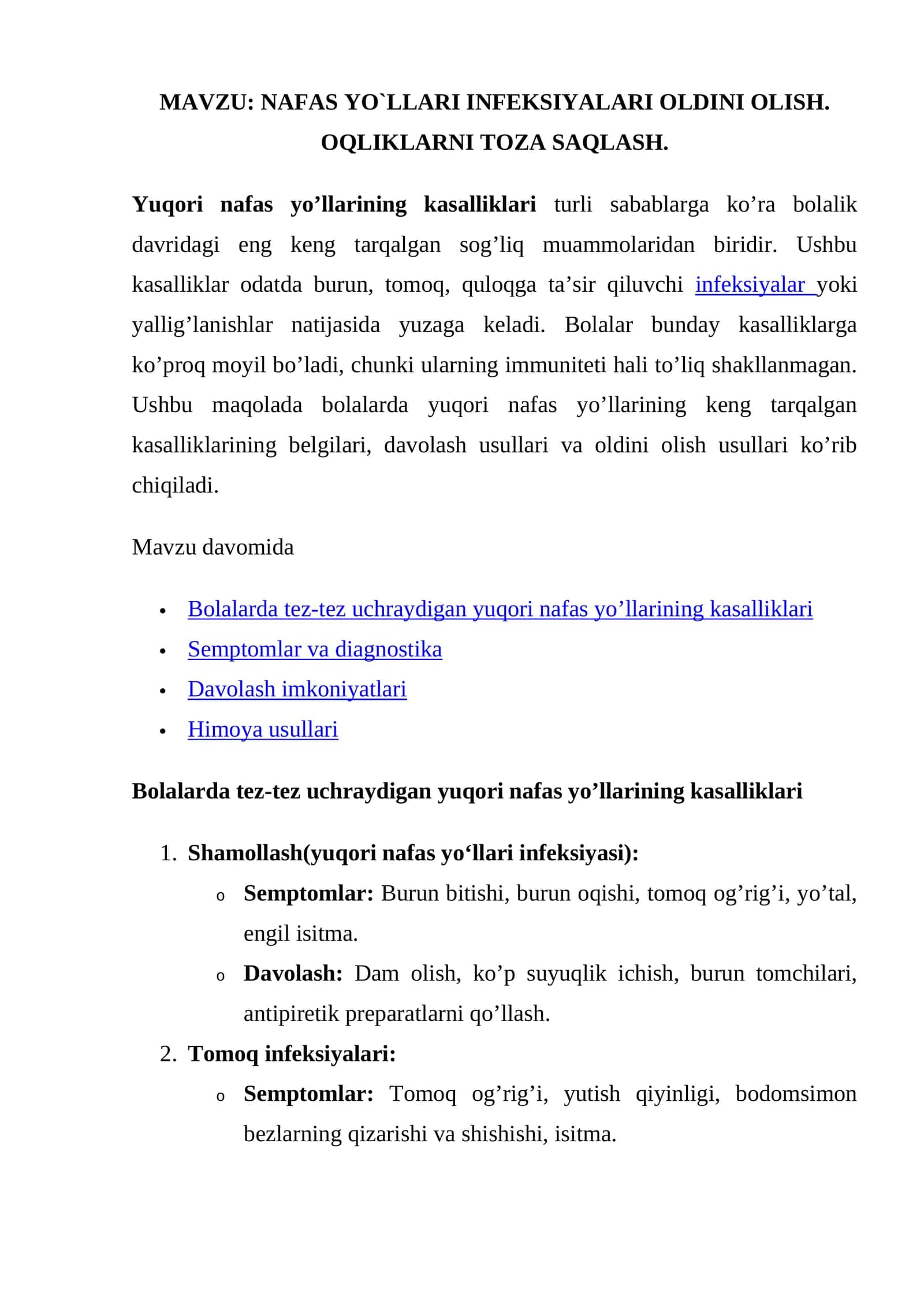 NAFAS YO`LLARI INFEKSIYALARI OLDINI OLISH. OQLIKLARNI TOZA SAQLASH 1