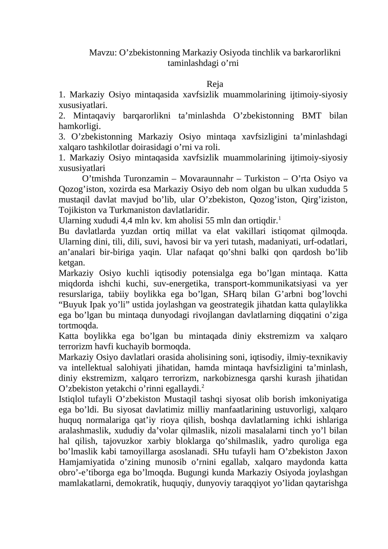 O’zbekistonning Markaziy Osiyoda tinchlik va barkarorlikni taminlashdagi o’rni 1
