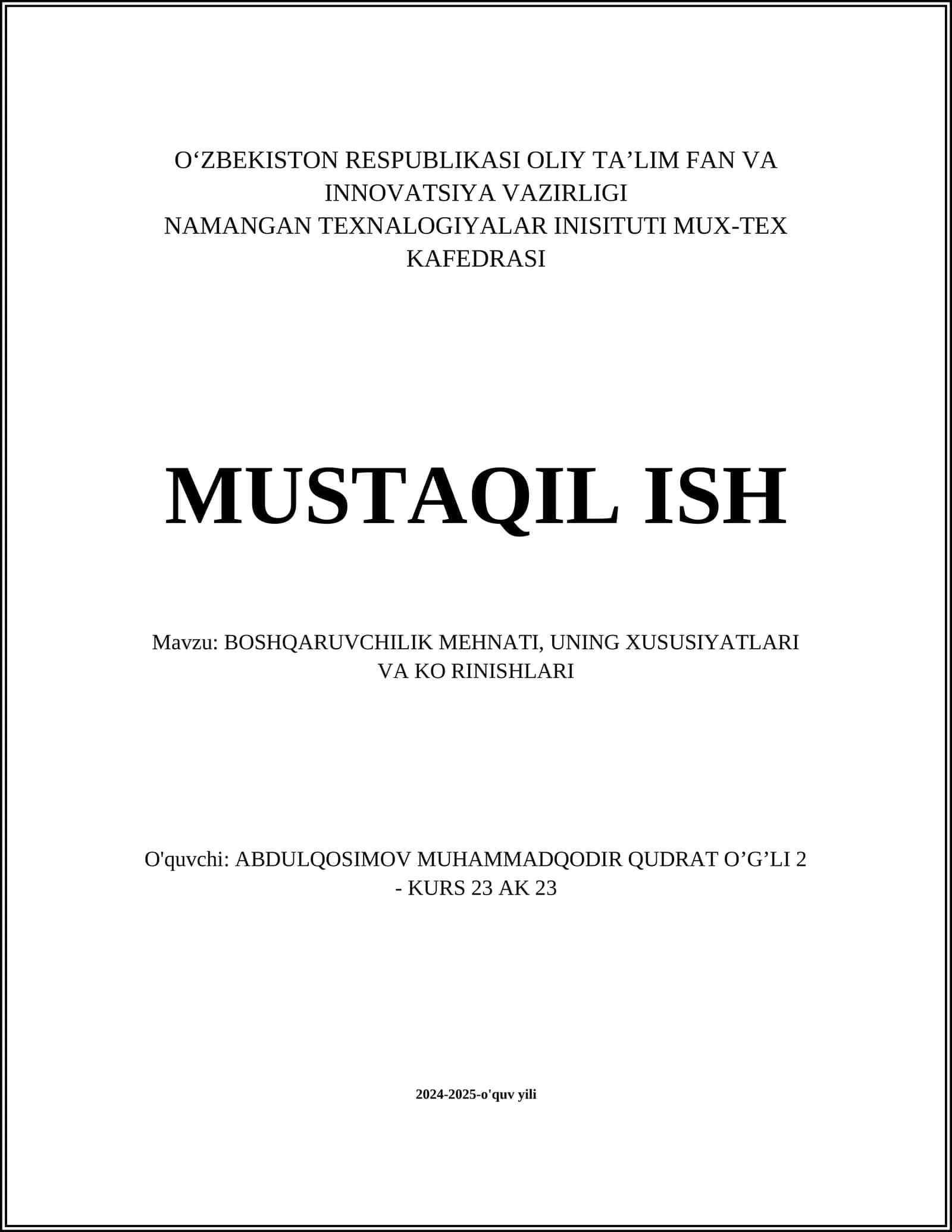 BOSHQARUVCHILIK MEHNATI, UNING XUSUSIYATLARI VA KO'RINISHLARI 1
