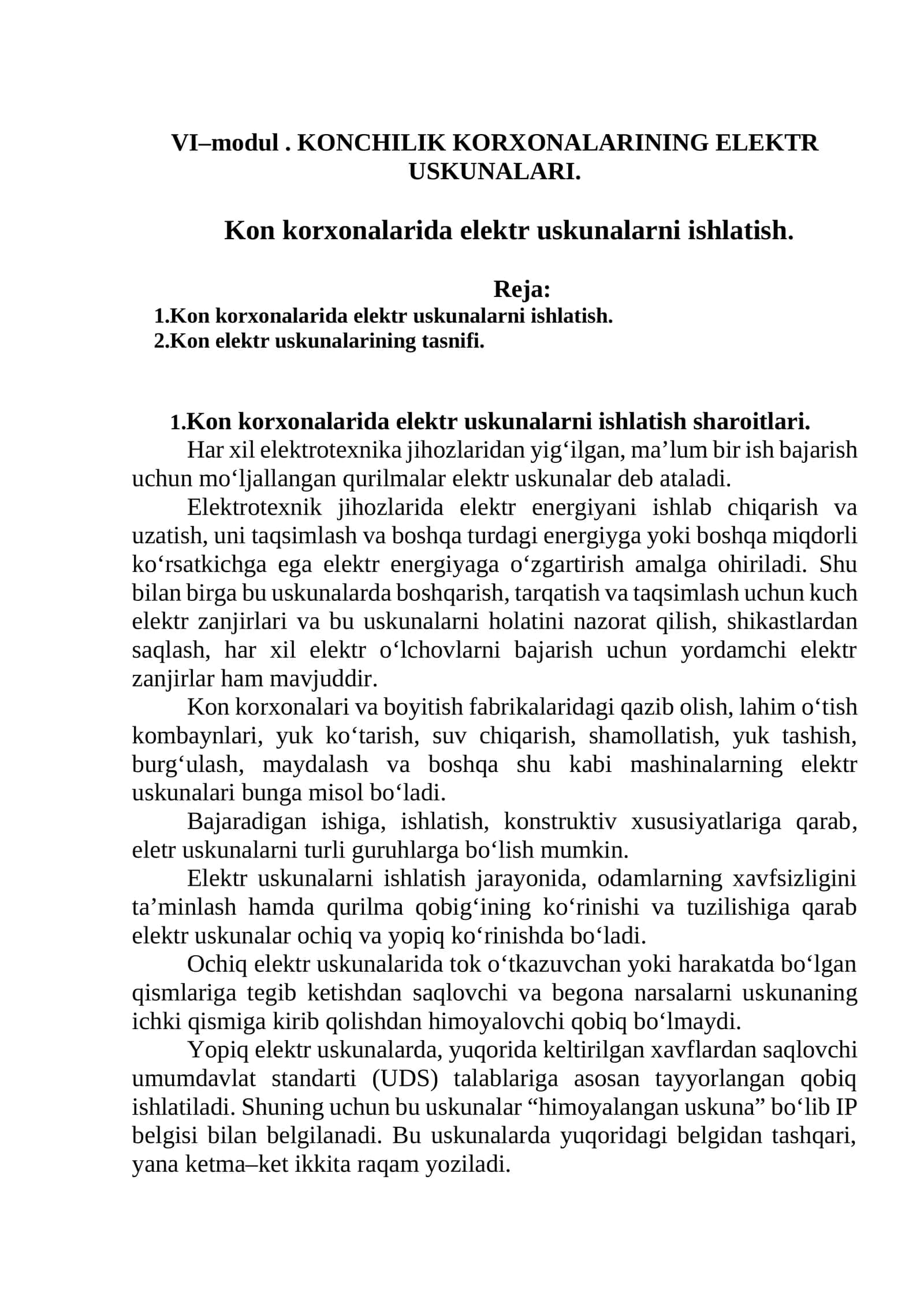 KОNCHILIK KОRХОNАLАRINING ELEKTR USKUNALARI 1