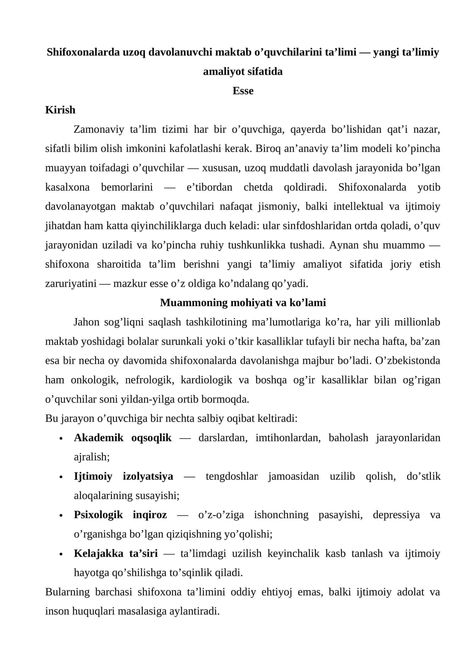 Shifoxonalarda uzoq davolanuvchi maktab o’quvchilarini ta’limi — yangi ta’limiy amaliyot sifatida 1